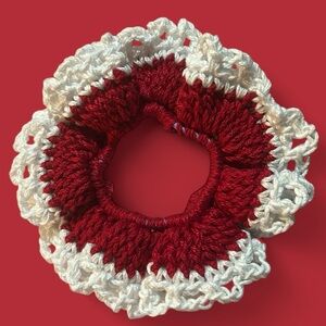 Hand Crafted Red and White Crochet Hair Scrunchie